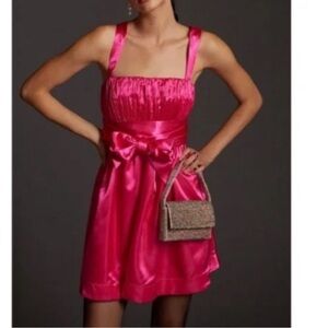 Anthropologie Maeve Bow Tie Satin Mini Dress in Hot Pink Size 4